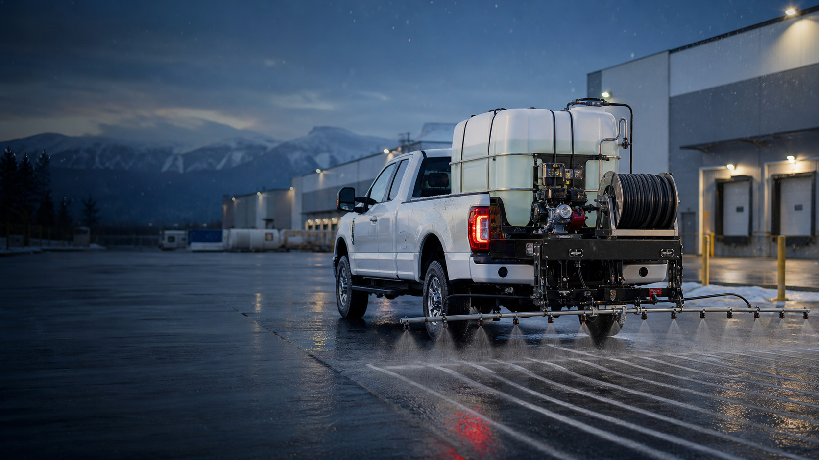 Truck-mounted commercial brine sprayer with tank, pump, hose reel and spray boom