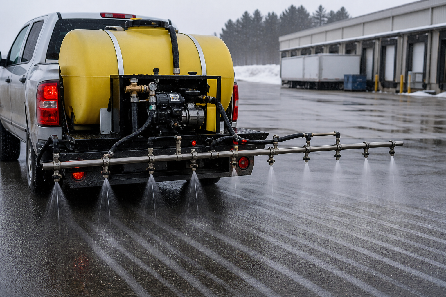 Rear brine spray boom applying an even liquid film