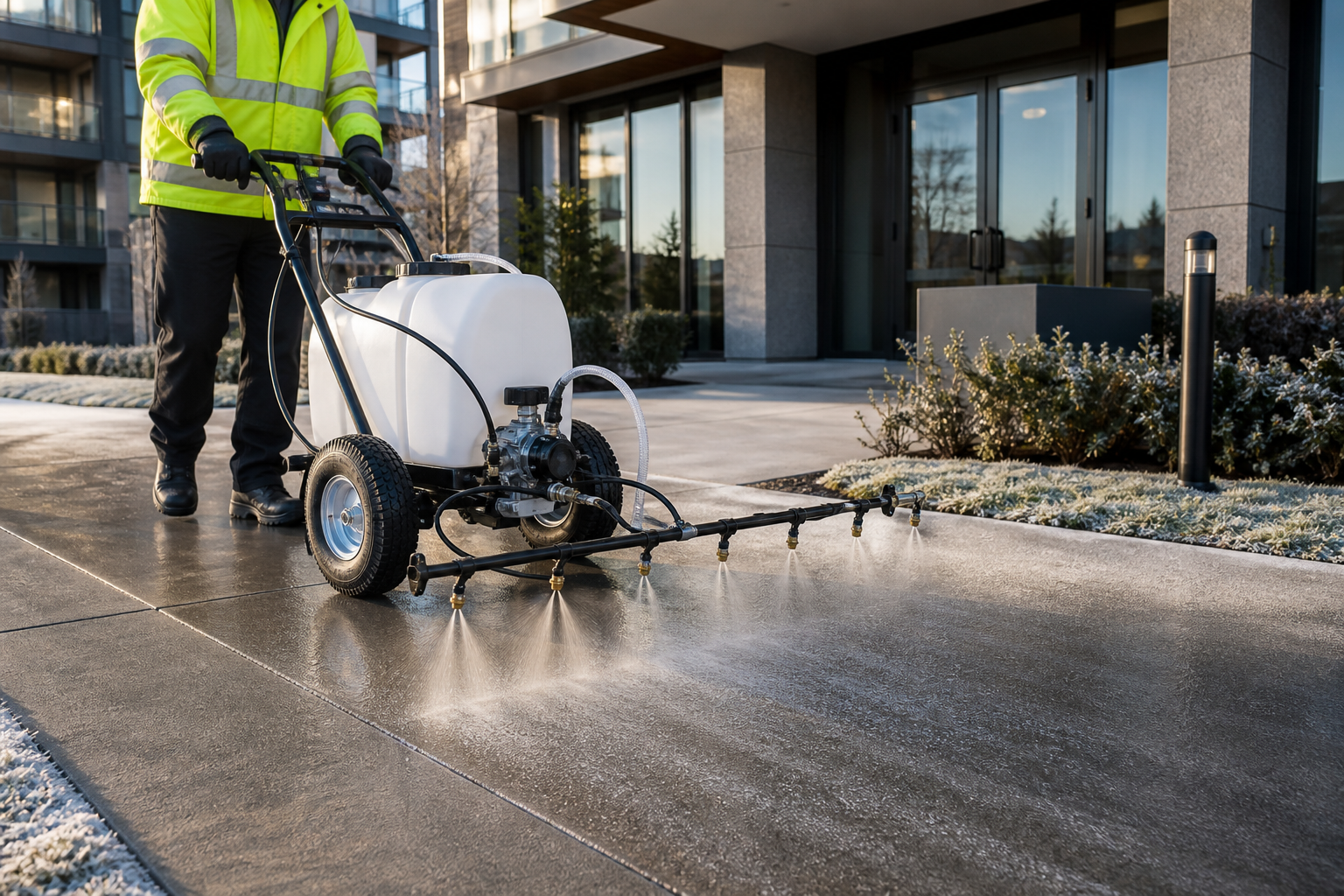 Walk-behind liquid brine sprayer treating a commercial walkway